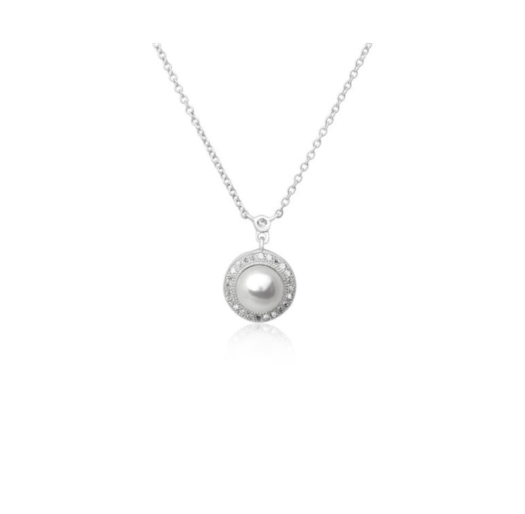 Pearl in CZ Halo Setting Pendant and Necklace Set